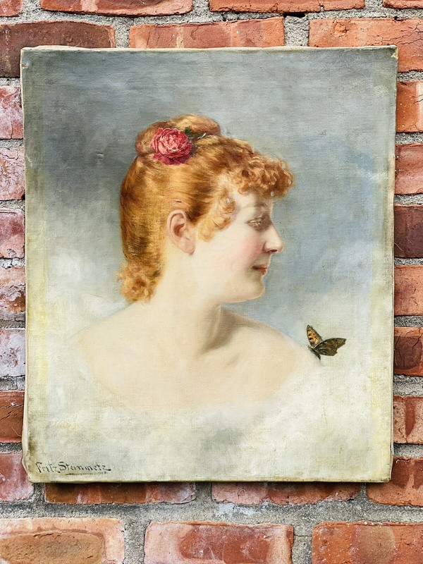 Nuremberg Germany Artist Fritz Steinmitz-Noris Painting. Woman With Butterfly.