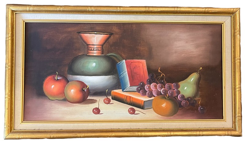 Vintage Oil On Canvas Still Life Fruit Pitcher Books Gold Gilt Faux Bamboo Frame gallery