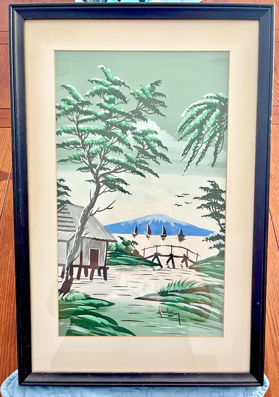 VTG Hawaiian Signed Artist Huuloi Framed Art Village Hut, Boats 1960’s 14×21″