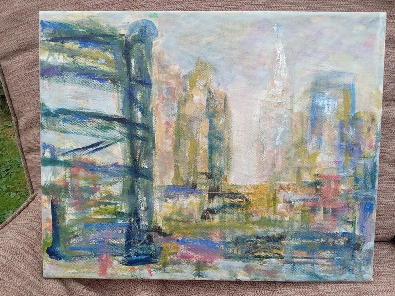 Cleveland Ohio Skyline, The Flats, 11 X 14, oil original, Abstract, Joe McArtist
