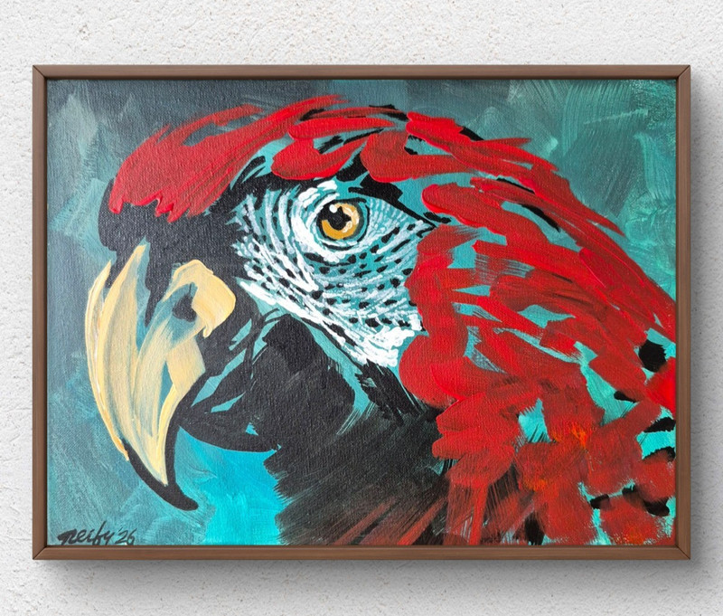 Original Red Teal 12×16 Abstract Animal Painting Acrylic Canvas Signed Art B043