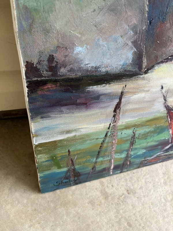 Original Vintage Signed Sail Ship Boat Harbor Seascape Oil Painting 24x36 Fishin gallery