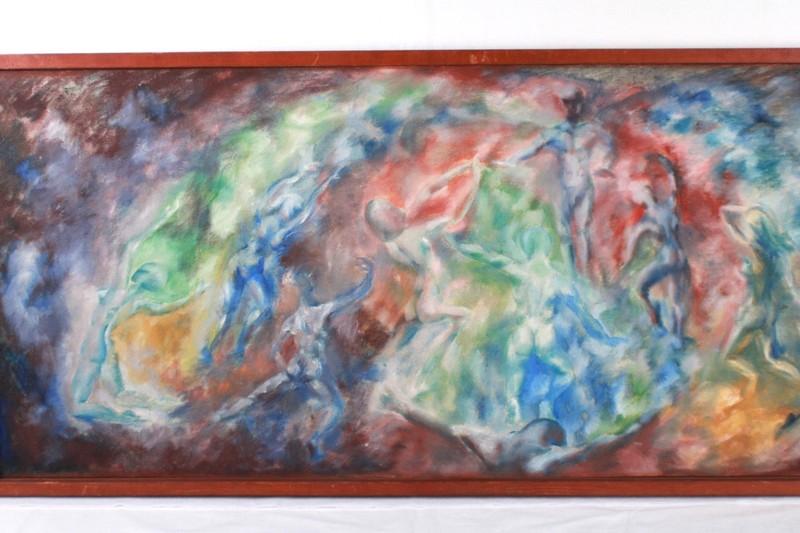 Abstract Figures Mid Century Oil Painting On Board Signed M Schwalb-Mansour 1963 gallery