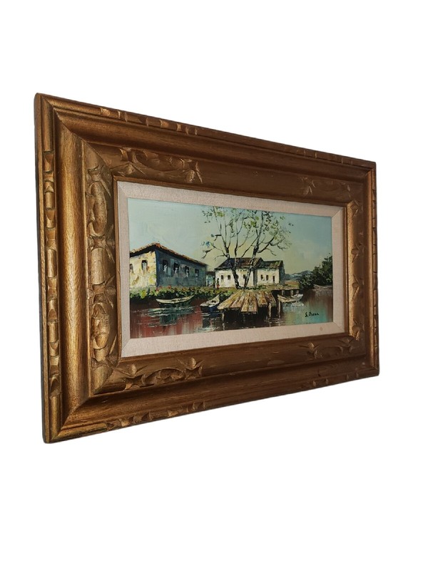 Vintage Oil On Canvas Harbor Scene Painting Signed S Doren Framed gallery