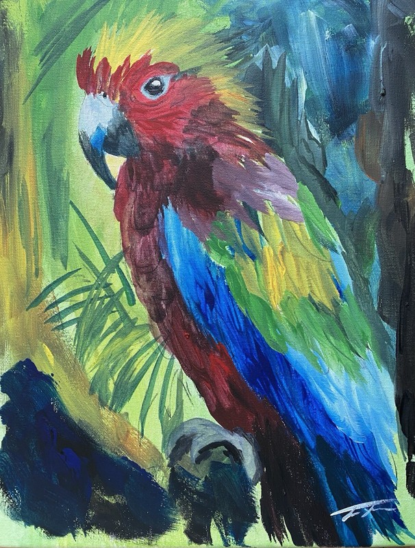 Colorful Parrot, Acrylic On Canvas Original Signed By Artist, Unframed 11”x14”
