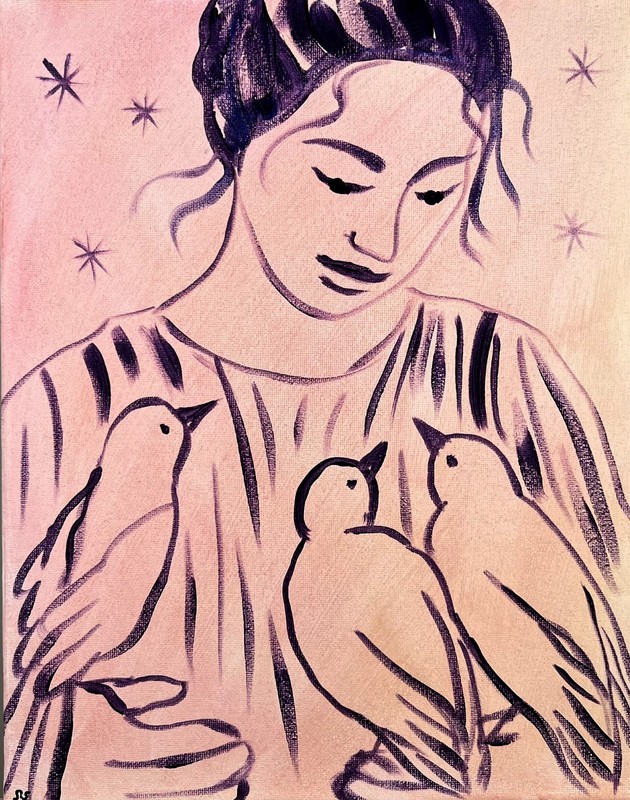 Girl with Birds Painting, Minimalist Line Art 11x14 gallery