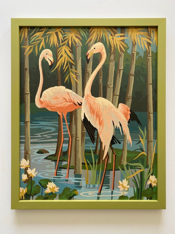 RARE VINTAGE 1950’S ART DECO PAINT BY NUMBER «FLAMINGOS» CUSTOM FRAMED PAINTING