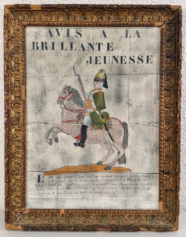 Antique Watercolor Painting French Military Soldier Calvary Dragoon 18th Century