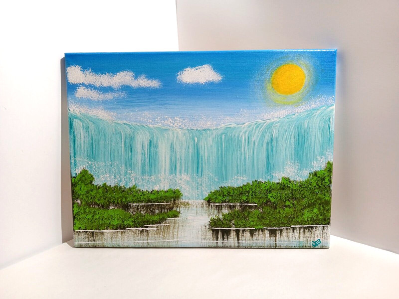 12″x 16″ Waterfall Original Acrylic Landscape Painting on Stretched Canvas