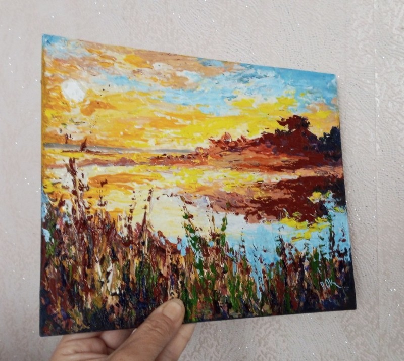 Original Landscape Oil Painting Sunset Sunrise River Palette knife Texture