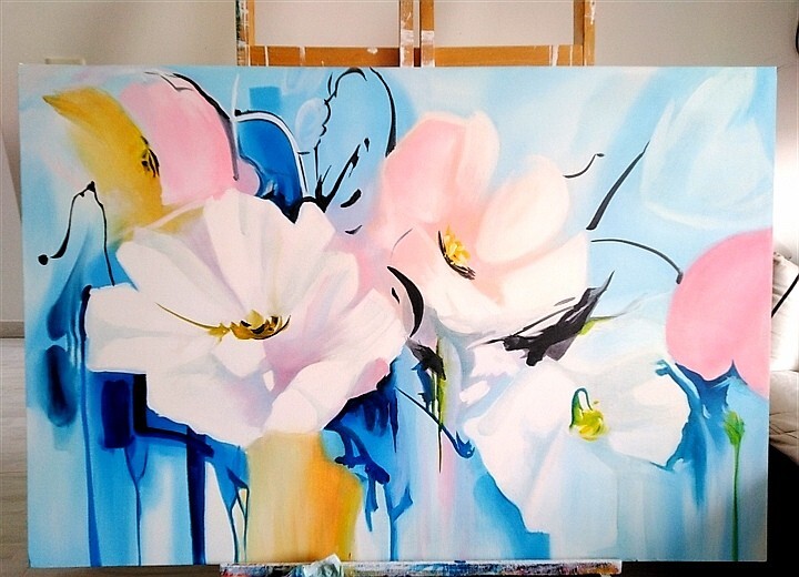 Large modern abstract colorful oil paintings hand-painted by Colombian painters