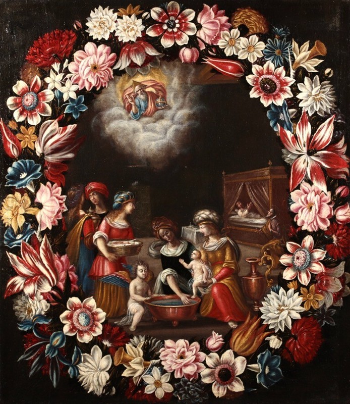 17th CENTURY LARGE DUTCH OLD MASTER OIL CANVAS , Flowers, FIRST BATH OF CHRIST