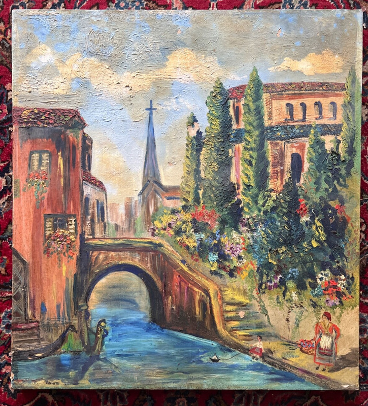 PRIMITIVE STYLE VINTAGE ANTIQUE OIL PAINTING EUROPEAN CANAL SCENE SIGNED AS IS