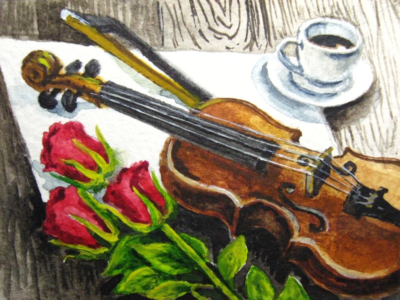 Watercolor Panting Violin Music Instrument Flowers Rose Cup of Coffee ACEO Art