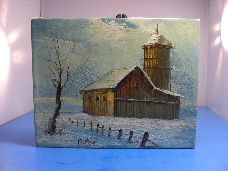 Aged Old Barn & Silo Rural Winter Scene Landscape Signed Oil On Canvas Painting gallery