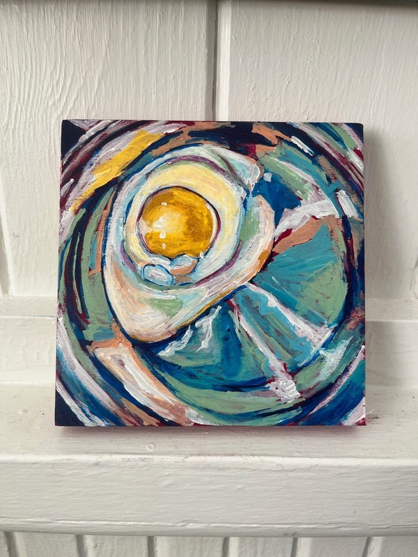 Original 6×6 Acrylic Painting, Food, Fried Egg Small Art Wall Handmade