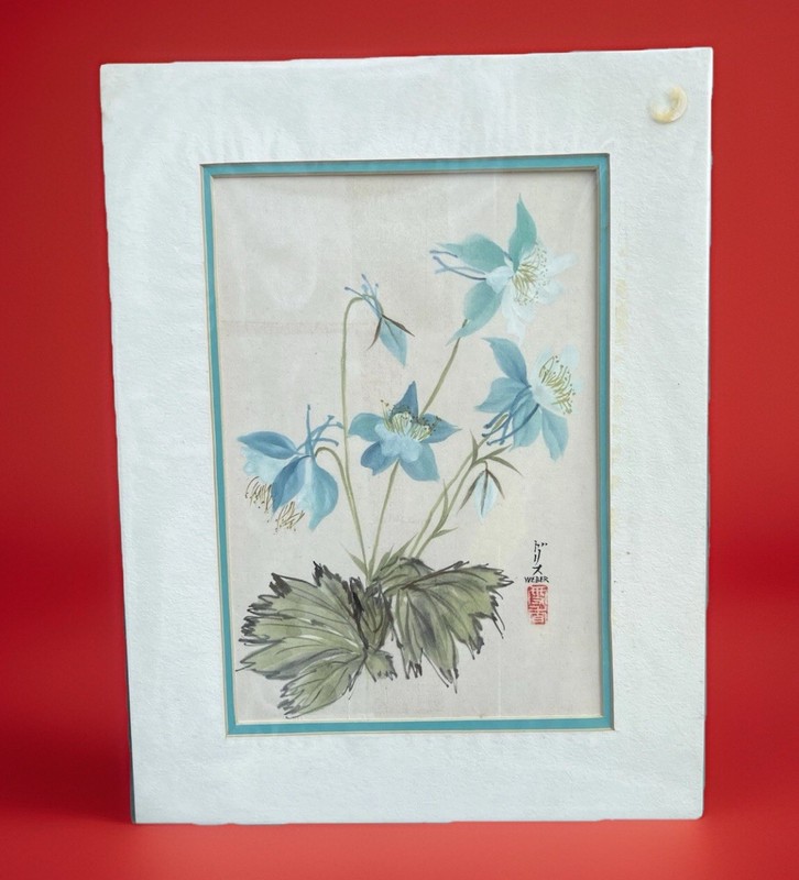 Original Sumi Ink Watercolor Painting Columbine Flowers Artist Seal W Signature