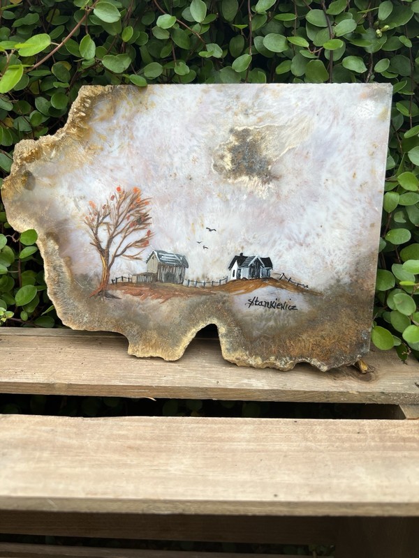 Stone Slab Hand Painted Folk Art Landscape – Signed – Rustic Farm Scene gallery