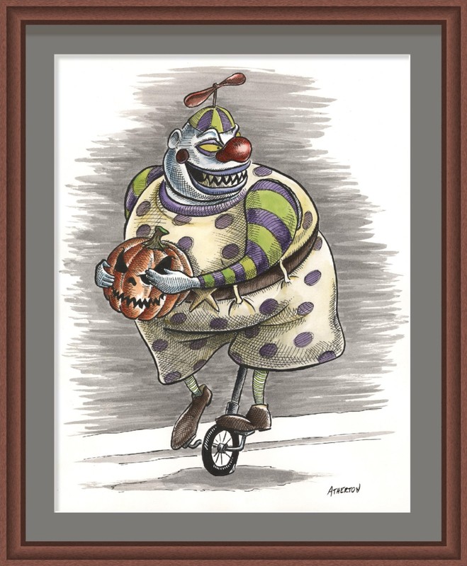 9×12 Original Watercolor Ink Clown Halloween Art on Paper Creepy Pumpkin by Jim
