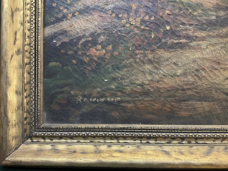Antique Original Oil Painting Signed & Framed Forest With Stream Landscape As Is gallery