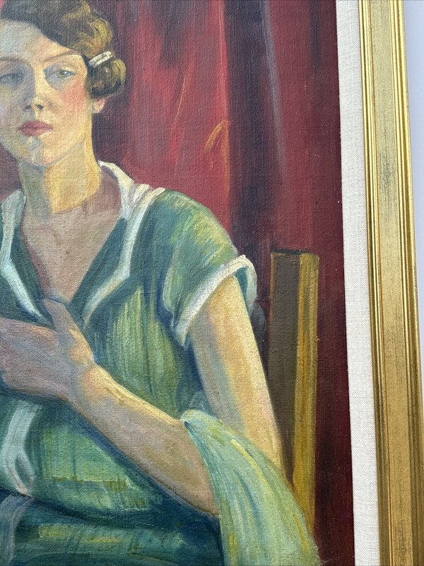 CHESTER SCHROCK PAINTING ANTIQUE ART DECO PORTRAIT PRETTY WOMAN COLORADO 1924 gallery