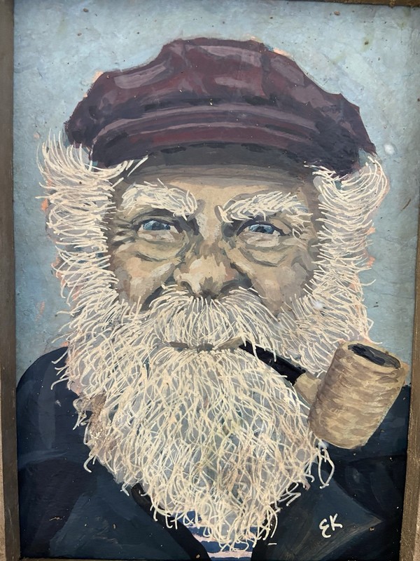 Signed EK Framed Folk Art Ship Captain Fisherman Portrait painting. gallery