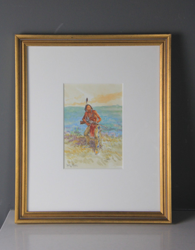 David Powell (1954-) Watercolor of Lakota Warrior Framed & Signed!