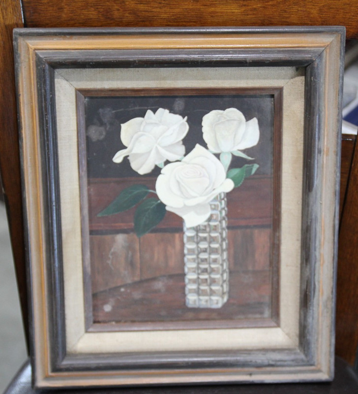 Vintage Still Life Painting White Roses in Vase
