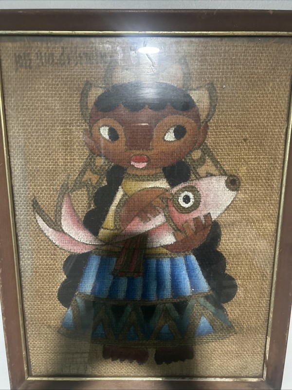 Oil Painting Servin Painting On Burlap Of Little Girl Holding A Fish
