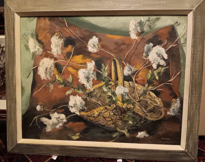 Large MCM Early Mary Ann Ginter Painting circa 1950’s Listed Artist «COTTON» Art