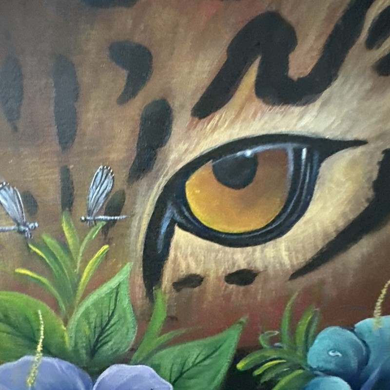 LEOPARD EYES Bengal Dragonfly Flowers ORIGINAL ART HAND PAINTED Canvas BRAZIL gallery