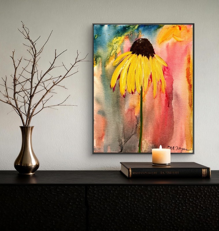 Mary Myers Original Abstract Expressionism 11x14 Yellow Coneflower Signed Fine gallery