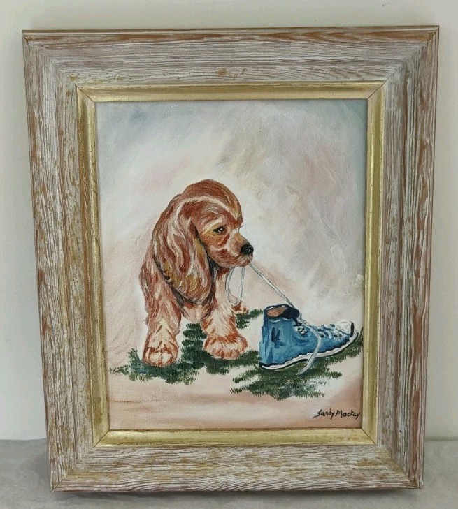 Original Sandy Mackey Oil Painting Framed Cocker Spaniel Puppy Dog Art Signed