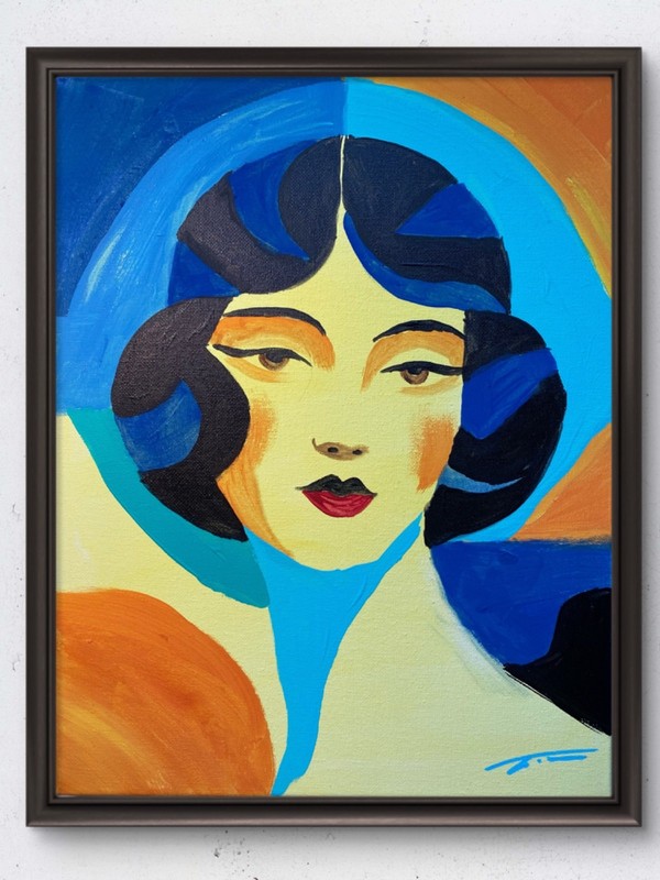 Colorful Art Deco Lady Yellow Blue Acrylic Original Art 14×11 Canvas