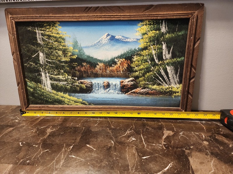Framed Acrylic Landscape Painting Realism Mountain River Scene on Canvas 12x24in