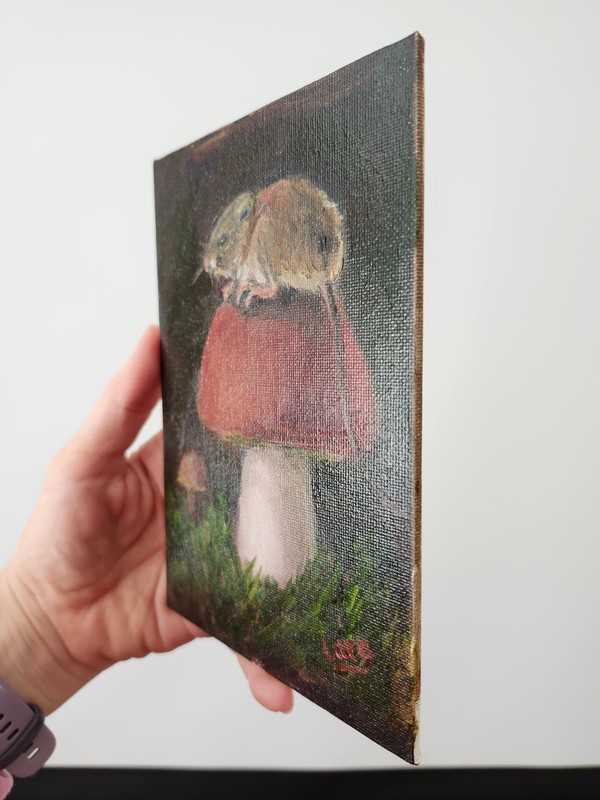 Framed Original Oil Painting Mouse on Mushroom 5x7 Signed OOAK Woodland Art gallery