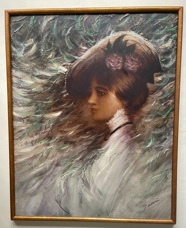 Painting Woman in Belle Epoque Oil or Acrylic Canvas Large Vintage 31.75 x 25.5