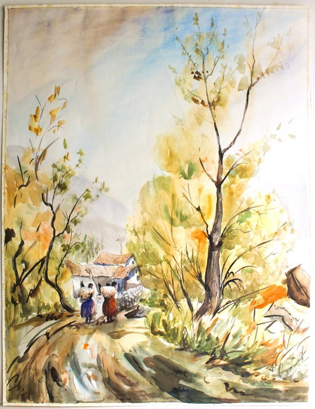 VINTAGE WATERCOLOR PAINTING PAPER SIGNED MENDEZ SOUTH AMERICAN VILLAGE COUNTRY