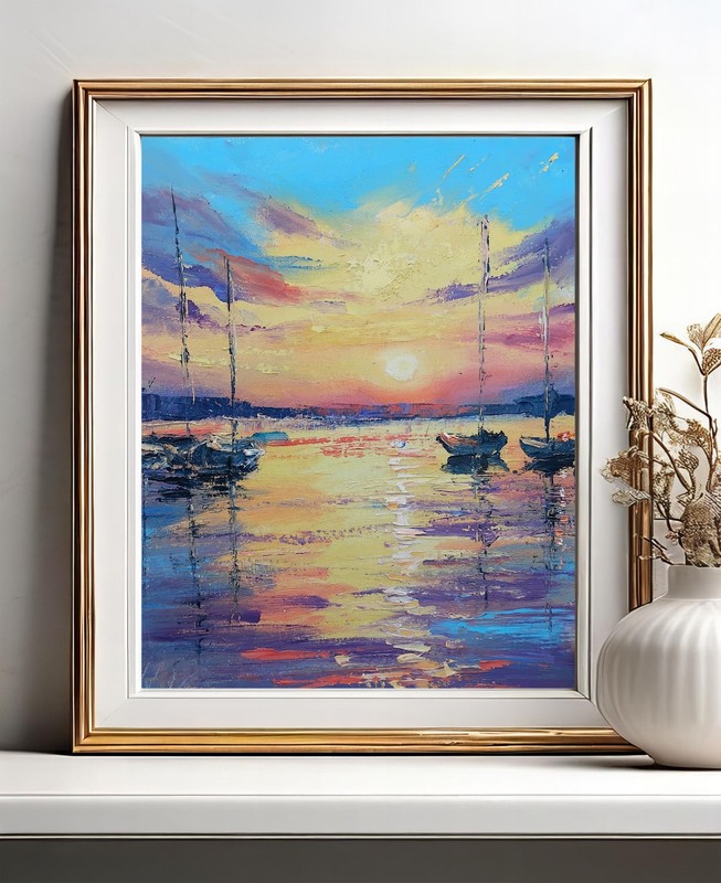 Seascape sunset oil painting 10×12″ handmade orange blue sky sailboats Reflect