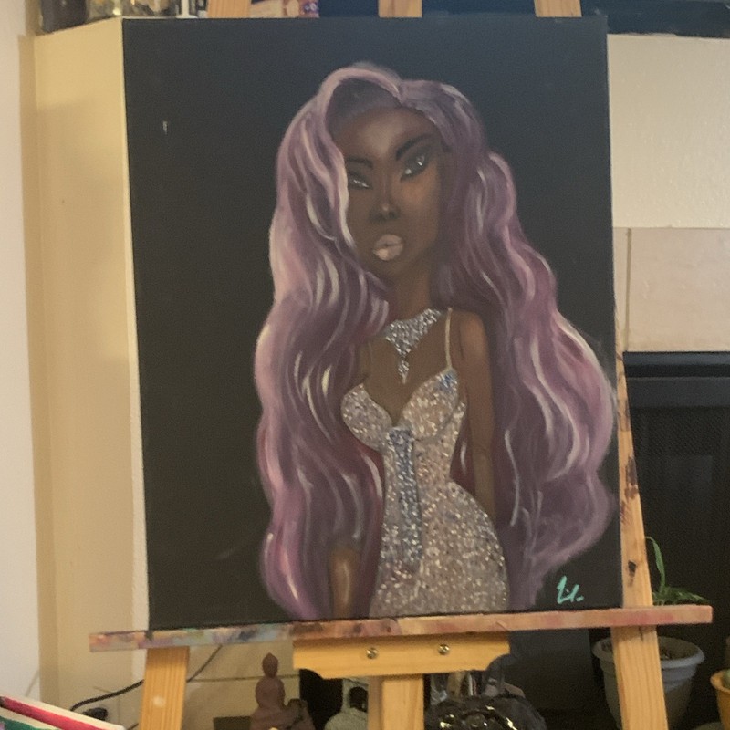 Signed OOAK Woman Portrait Original Canvas Painting Purple Hair Silver Dress