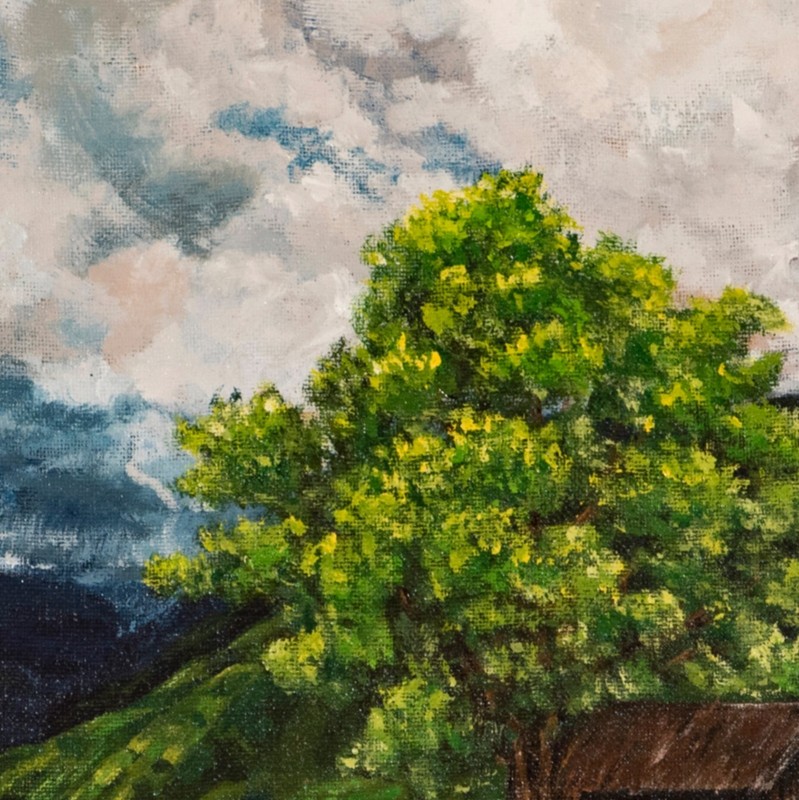 Original Acrylic Landscape Painting, Rice Field and mountain. Yellow filed 18x24 gallery