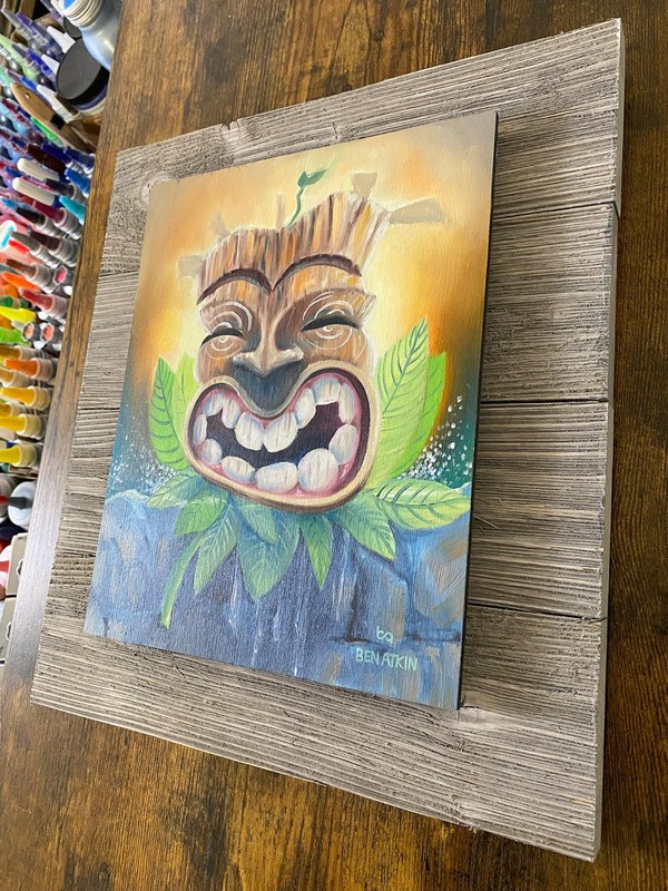 Tiki Painting Original Oil on Panel 8x10" Fire and Ice Tiki - Framed 12x13" gallery