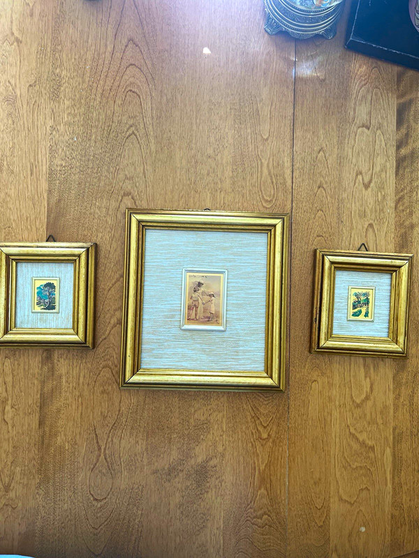 3 Italian Matted & Framed Miniature Landscape Paintings on Paper w/ Gold Leaf