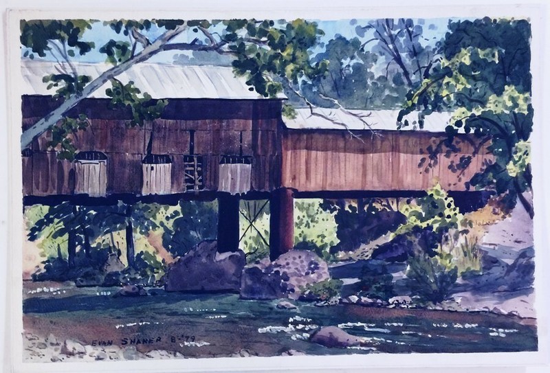 Evan Sharer Signed 1979 Watercolor Painting of Covered Bridge in Oregon 15×22