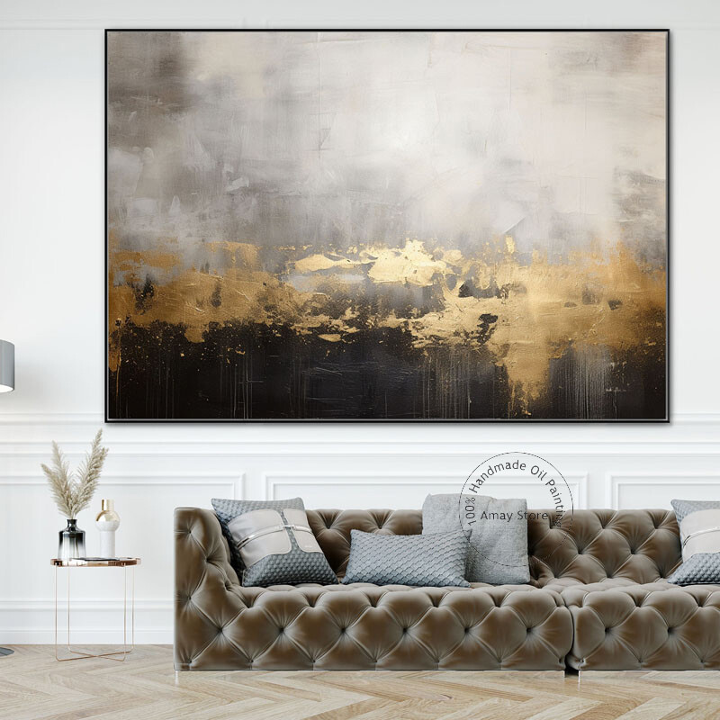 Contemporary Hand-painted Abstract Golden Foil Oil Paintings On Canvas For Decor