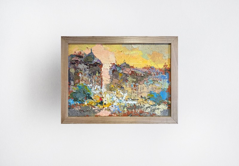 Oil painting City Ukrainian painter Fiberboard Framed original Decor cityscape