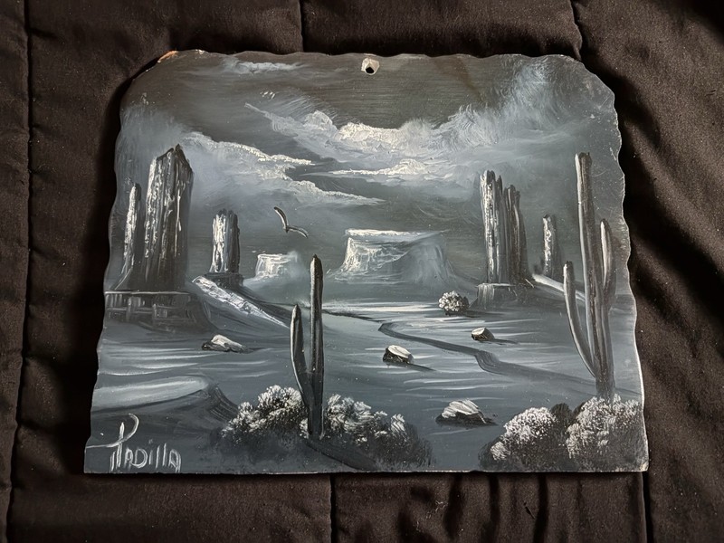 Vintage Acrylic Blue Desert Night Acrylic Painting On Granite Stone Slab Signed