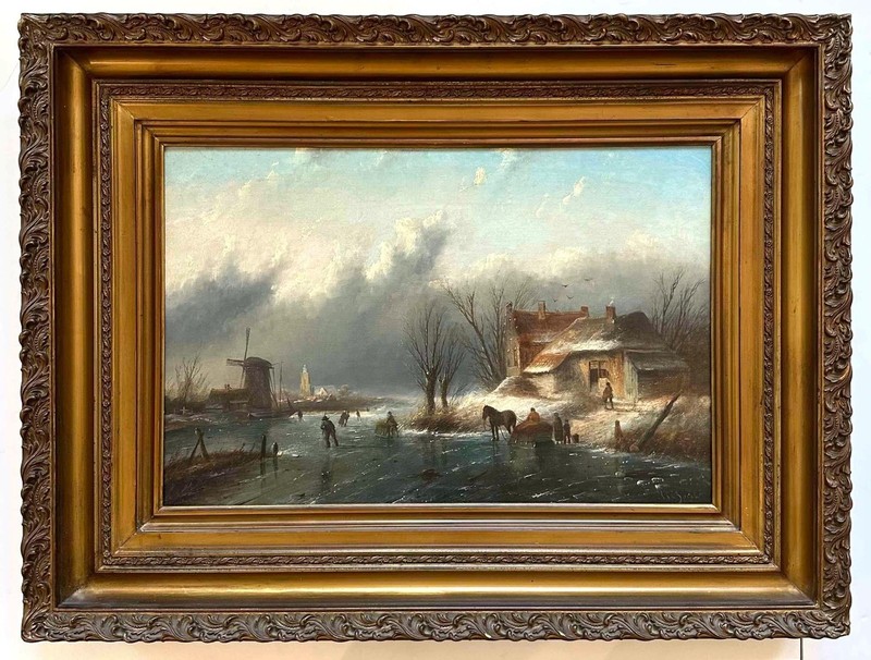Jan Jacob Conraad Spohler -19th Century Dutch Oil -Riverside Village in Winter
