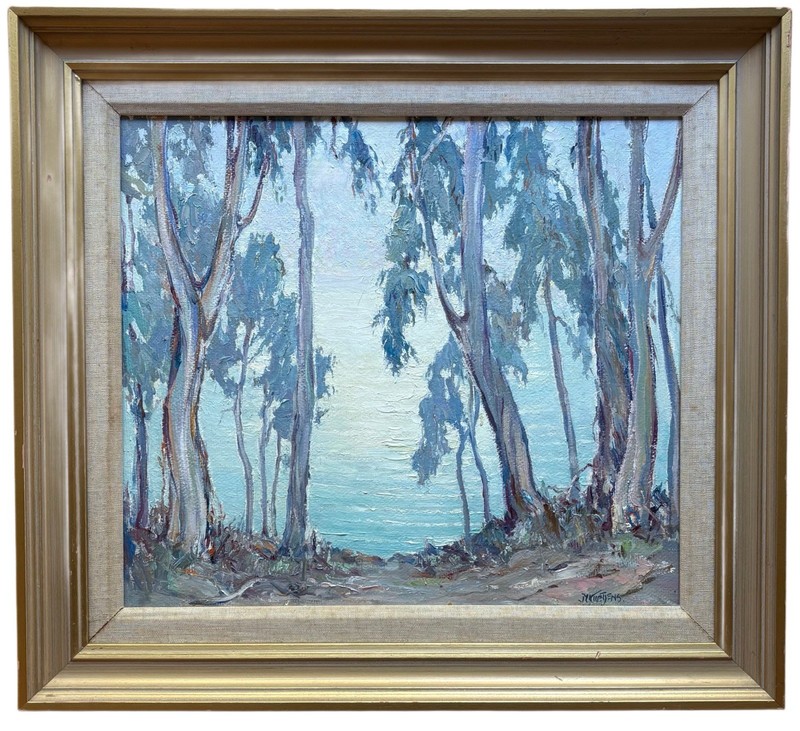 MARJORIE TIETJENS California Coastal Scene Eucalyptus Grove Signed Oil Painting