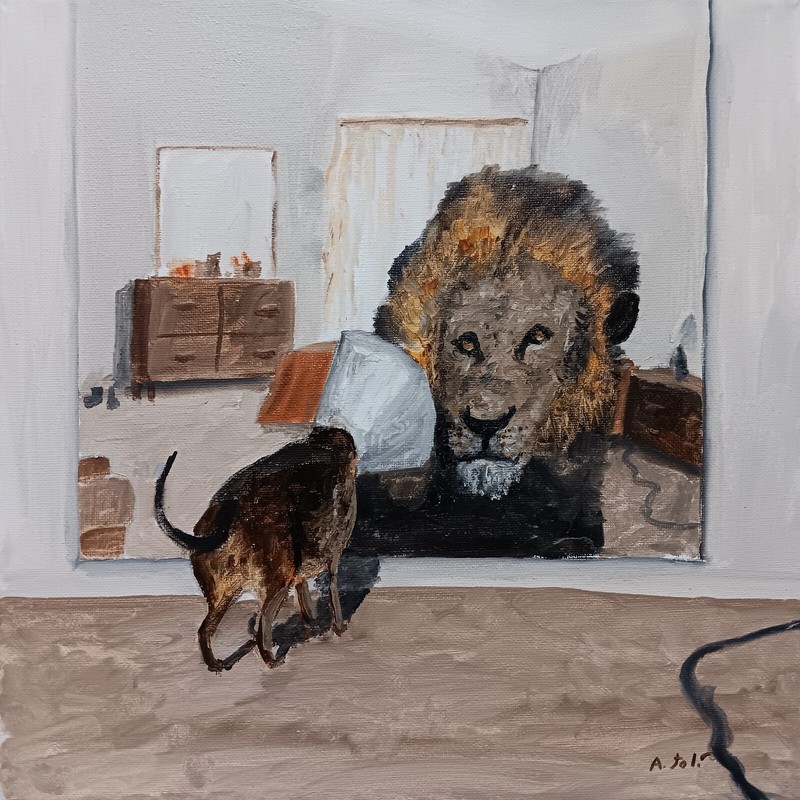 Oil Painting Dog Sees Lion in Mirror Interior Animal Wildlife Art by A. Joli